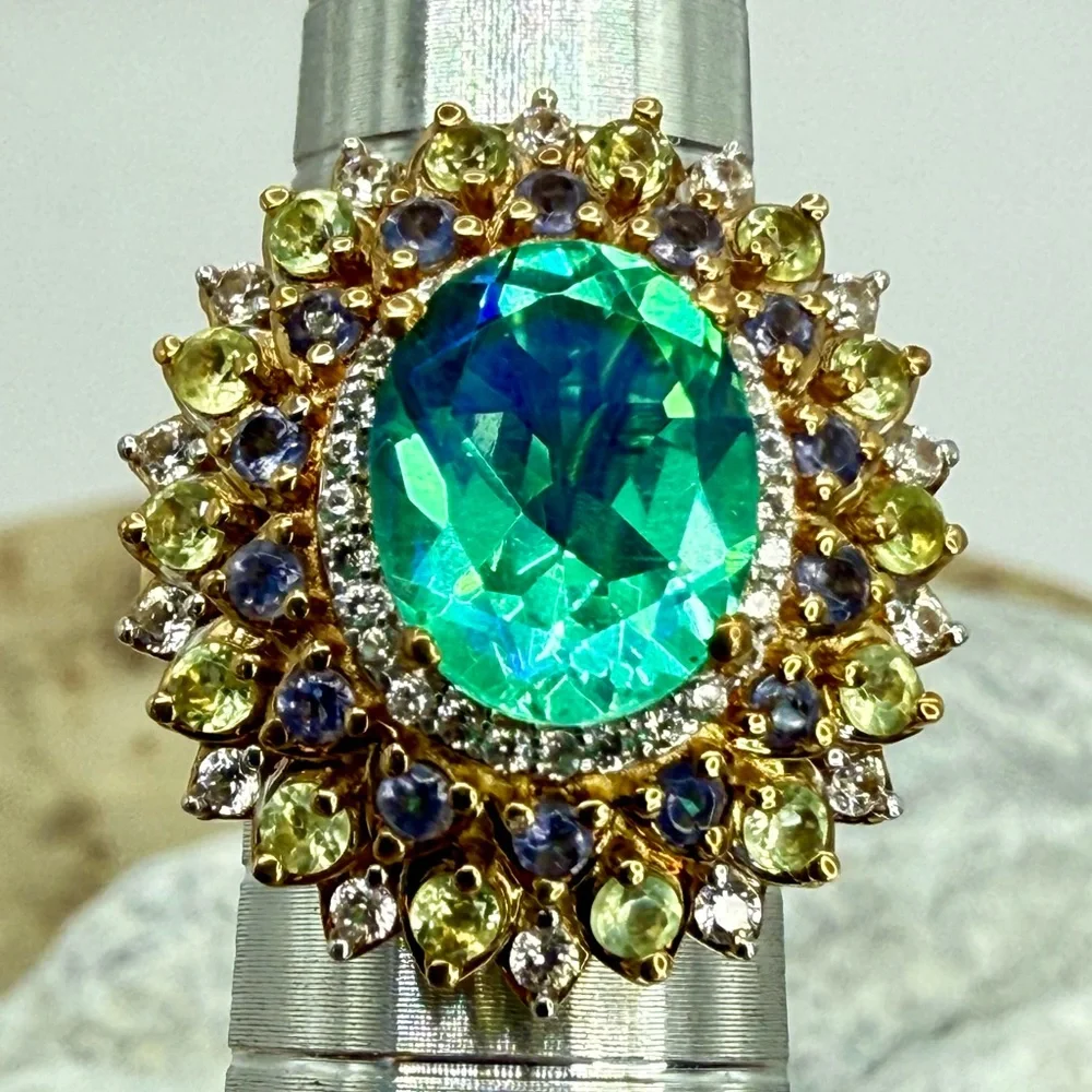 NWT Peacock Quartz Multi-Gem Dahlia Floral Ring Vermeil Gold over 925 4.15ctw